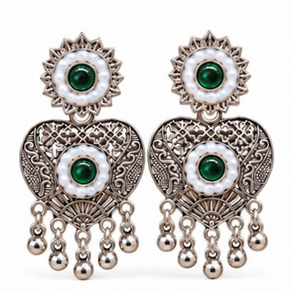 Oxidised Silver Heart Dangler Earrings with Pearl & Ghungroo Drops (Green) product image 5