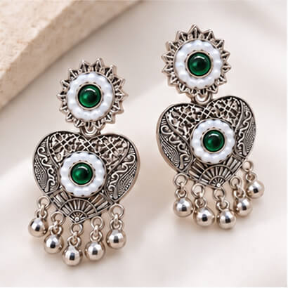 Oxidised Silver Heart Dangler Earrings with Pearl & Ghungroo Drops (Green) product image 7