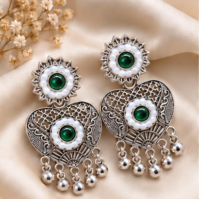 Oxidised Silver Heart Dangler Earrings with Pearl & Ghungroo Drops (Green) product image 6