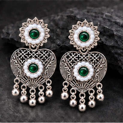 Oxidised Silver Heart Dangler Earrings with Pearl & Ghungroo Drops (Green) product image 8