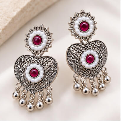 Oxidised Silver Heart Dangler Earrings with Pearl & Ghungroo Drops (Magenta) product image 2