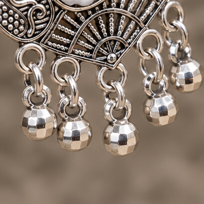 Oxidised Silver Heart Dangler Earrings with Pearl & Ghungroo Drops (Magenta) product image 6