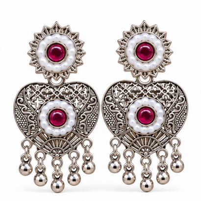 Oxidised Silver Heart Dangler Earrings with Pearl & Ghungroo Drops (Magenta) product image 8
