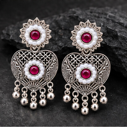 Oxidised Silver Heart Dangler Earrings with Pearl & Ghungroo Drops (Magenta) product image 5