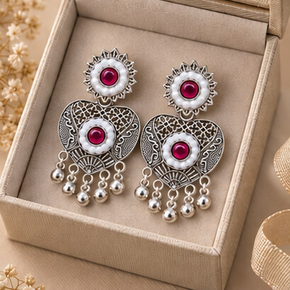 Oxidised Silver Heart Dangler Earrings with Pearl & Ghungroo Drops (Magenta) product image 7
