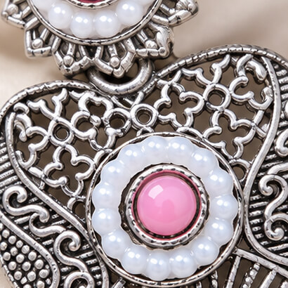 Oxidised Silver Heart Dangler Earrings with Pearl & Ghungroo Drops (Pink) product image 3