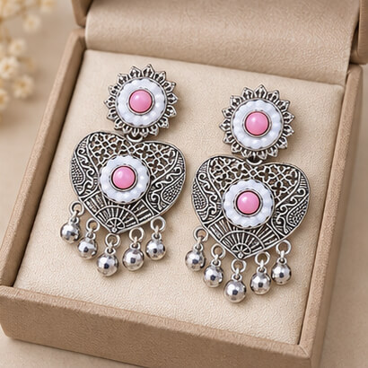 Oxidised Silver Heart Dangler Earrings with Pearl & Ghungroo Drops (Pink) product image 6