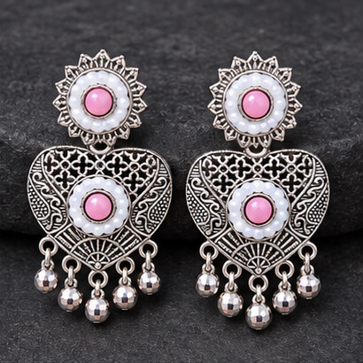 Oxidised Silver Heart Dangler Earrings with Pearl & Ghungroo Drops (Pink) product image 2