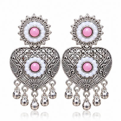 Oxidised Silver Heart Dangler Earrings with Pearl & Ghungroo Drops (Pink) product image 7