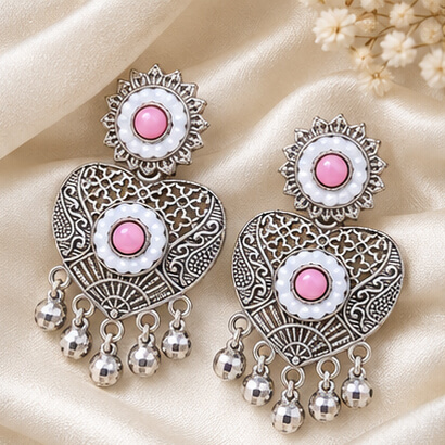 Oxidised Silver Heart Dangler Earrings with Pearl & Ghungroo Drops (Pink) product image 4