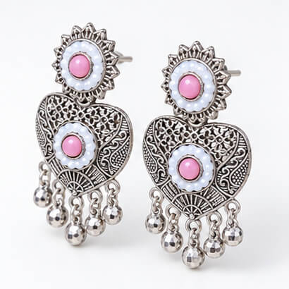 Oxidised Silver Heart Dangler Earrings with Pearl & Ghungroo Drops (Pink) product image 5