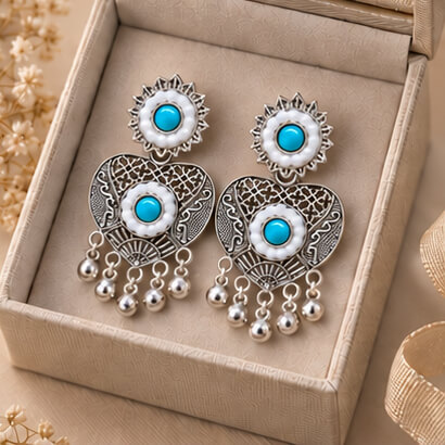 Oxidised Silver Heart Dangler Earrings with Pearl & Ghungroo Drops (Sky Blue) product image 8