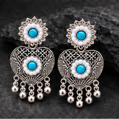 Oxidised Silver Heart Dangler Earrings with Pearl & Ghungroo Drops (Sky Blue) product image 4