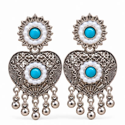 Oxidised Silver Heart Dangler Earrings with Pearl & Ghungroo Drops (Sky Blue) product image 3