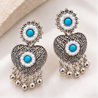 Oxidised Silver Heart Dangler Earrings with Pearl & Ghungroo Drops (Sky Blue) product image 7