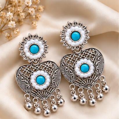 Oxidised Silver Heart Dangler Earrings with Pearl & Ghungroo Drops (Sky Blue) product image 2