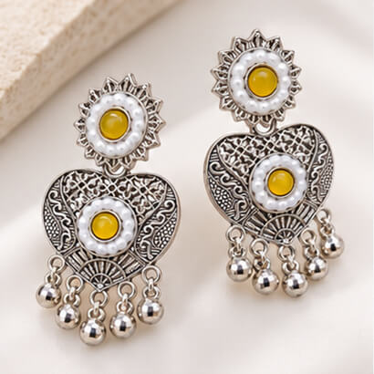 Oxidised Silver Heart Dangler Earrings with Pearl & Ghungroo Drops (Yellow) product image 5