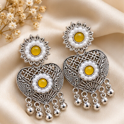Oxidised Silver Heart Dangler Earrings with Pearl & Ghungroo Drops (Yellow) product image 7