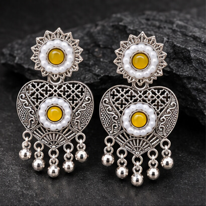 Oxidised Silver Heart Dangler Earrings with Pearl & Ghungroo Drops (Yellow) product image 2