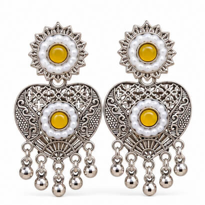 Oxidised Silver Heart Dangler Earrings with Pearl & Ghungroo Drops (Yellow) product image 3