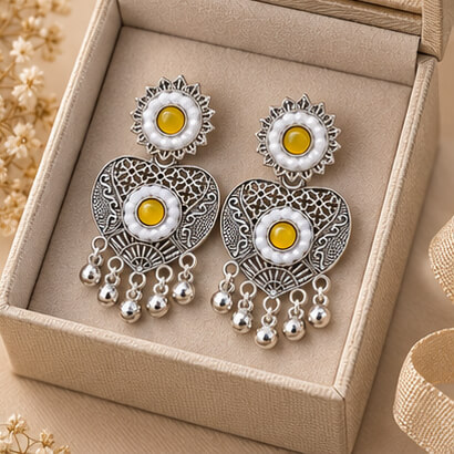 Oxidised Silver Heart Dangler Earrings with Pearl & Ghungroo Drops (Yellow) product image 8