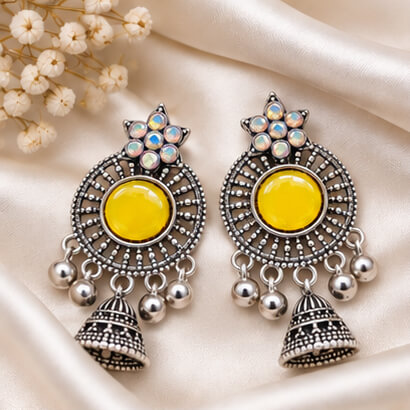 Oxidised Silver Floral Jhumka Earrings with Stone Centre & Ghungroo Drops (Yellow) – Heartly Wishes