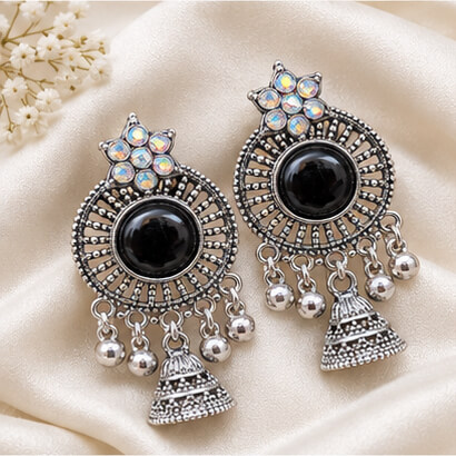 Oxidised Silver Floral Jhumka Earrings with Stone Centre & Ghungroo Drops (Black) – Heartly Wishes