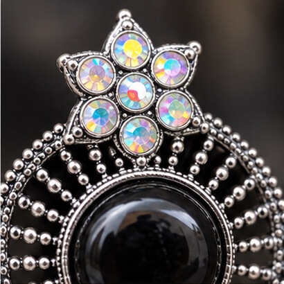 Oxidised Silver Floral Jhumka Earrings with Stone Centre & Ghungroo Drops (Black) product image 4