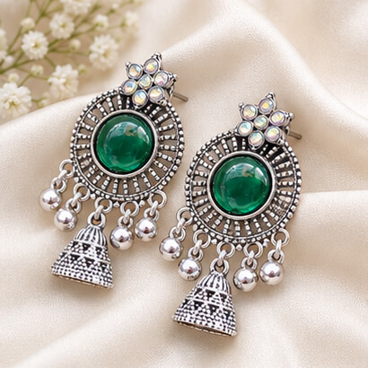 Oxidised Silver Floral Jhumka Earrings with Stone Centre & Ghungroo Drops (Green) – Heartly Wishes