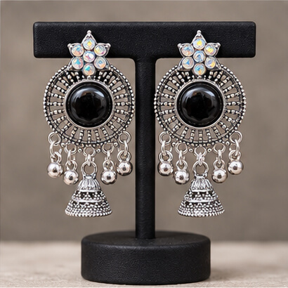 Oxidised Silver Floral Jhumka Earrings with Stone Centre & Ghungroo Drops (Black) product image 8