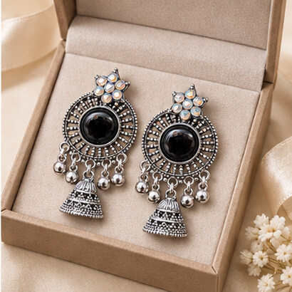 Oxidised Silver Floral Jhumka Earrings with Stone Centre & Ghungroo Drops (Black) product image 5