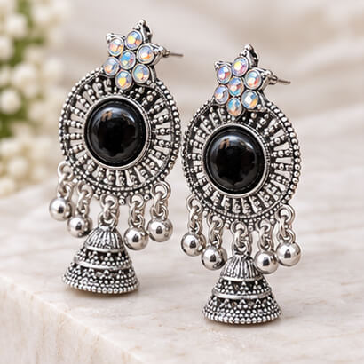 Oxidised Silver Floral Jhumka Earrings with Stone Centre & Ghungroo Drops (Black) product image 7