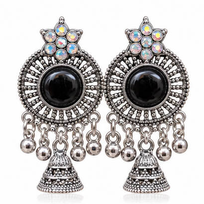Oxidised Silver Floral Jhumka Earrings with Stone Centre & Ghungroo Drops (Black) product image 2