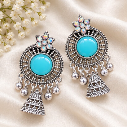 Oxidised Silver Floral Jhumka Earrings with Stone Centre & Ghungroo Drops (Sky Blue) – Heartly Wishes