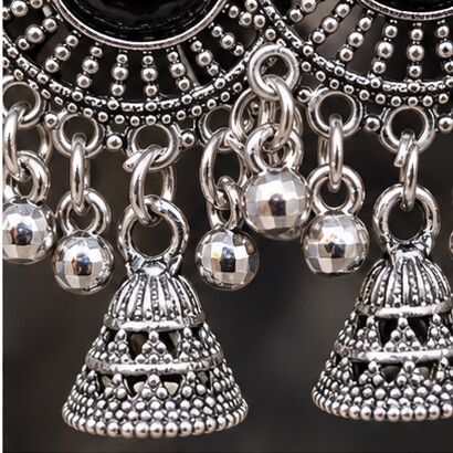 Oxidised Silver Floral Jhumka Earrings with Stone Centre & Ghungroo Drops (Black) product image 3
