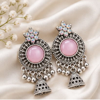 Oxidised Silver Floral Jhumka Earrings with Stone Centre & Ghungroo Drops (Light Pink) – Heartly Wishes