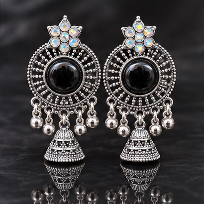 Oxidised Silver Floral Jhumka Earrings with Stone Centre & Ghungroo Drops (Black) product image 6