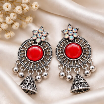 Oxidised Silver Floral Jhumka Earrings with Stone Centre & Ghungroo Drops (Red) – Heartly Wishes