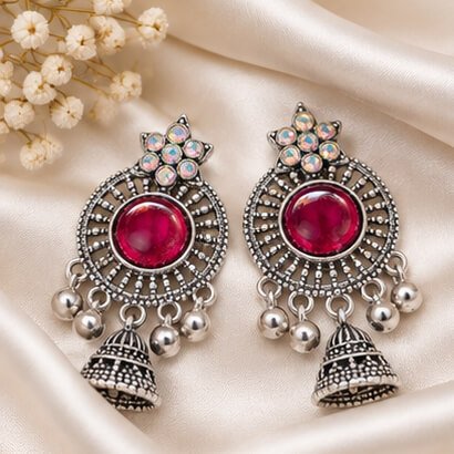 Oxidised Silver Floral Jhumka Earrings with Stone Centre & Ghungroo Drops (Magenta) – Heartly Wishes