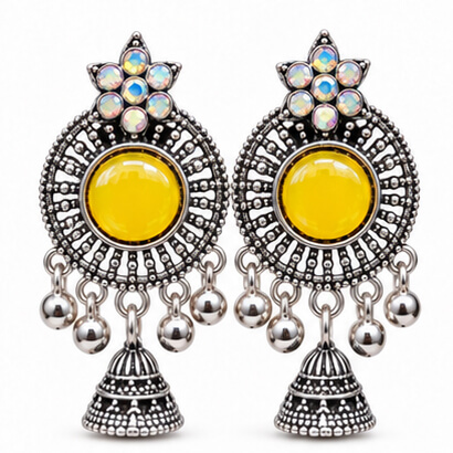 Oxidised Silver Floral Jhumka Earrings with Stone Centre & Ghungroo Drops (Yellow) product image 5