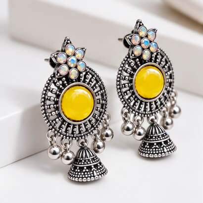 Oxidised Silver Floral Jhumka Earrings with Stone Centre & Ghungroo Drops (Yellow) product image 6