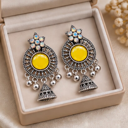 Oxidised Silver Floral Jhumka Earrings with Stone Centre & Ghungroo Drops (Yellow) product image 3