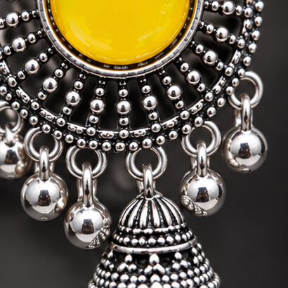 Oxidised Silver Floral Jhumka Earrings with Stone Centre & Ghungroo Drops (Yellow) product image 2