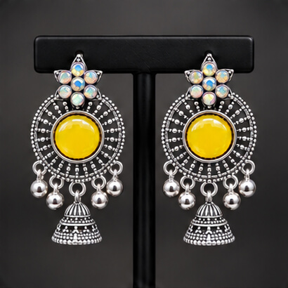 Oxidised Silver Floral Jhumka Earrings with Stone Centre & Ghungroo Drops (Yellow) product image 8