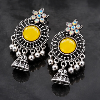 Oxidised Silver Floral Jhumka Earrings with Stone Centre & Ghungroo Drops (Yellow) product image 4