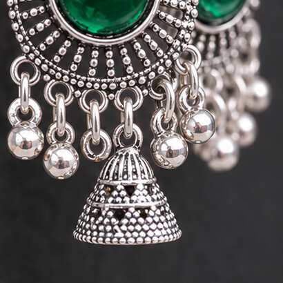 Oxidised Silver Floral Jhumka Earrings with Stone Centre & Ghungroo Drops (Green) product image 2