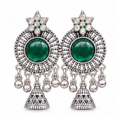 Oxidised Silver Floral Jhumka Earrings with Stone Centre & Ghungroo Drops (Green) product image 8