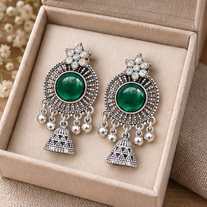 Oxidised Silver Floral Jhumka Earrings with Stone Centre & Ghungroo Drops (Green) product image 6