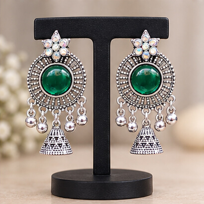 Oxidised Silver Floral Jhumka Earrings with Stone Centre & Ghungroo Drops (Green) product image 7