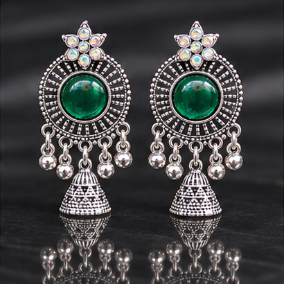 Oxidised Silver Floral Jhumka Earrings with Stone Centre & Ghungroo Drops (Green) product image 4